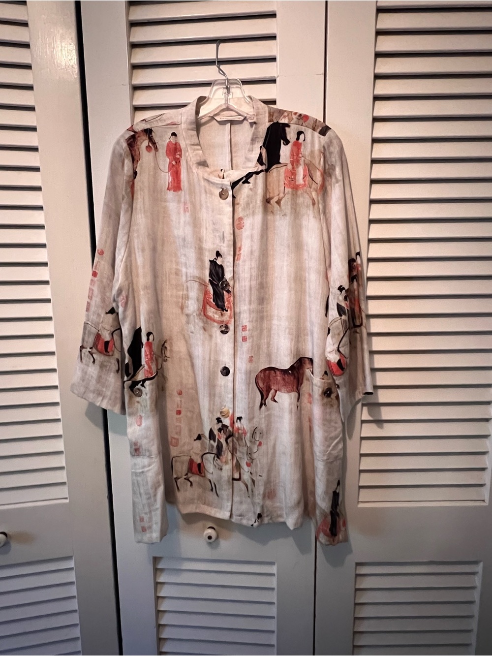 Women’s Asian-Inspired Button Front Shirt Jacket - Cream with Multicolor Motif